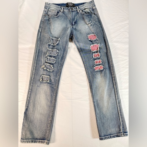 Brooklyn Express Men’s Distressed Jeans with American Flag Patchwork. NWOT 34x32 - Picture 3 of 6
